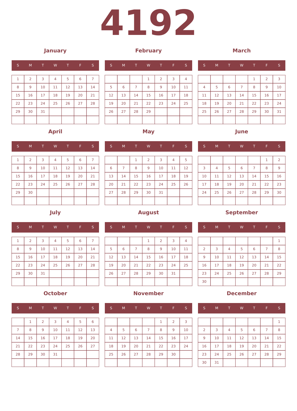 Printable 4192 Year Calendars cordovan