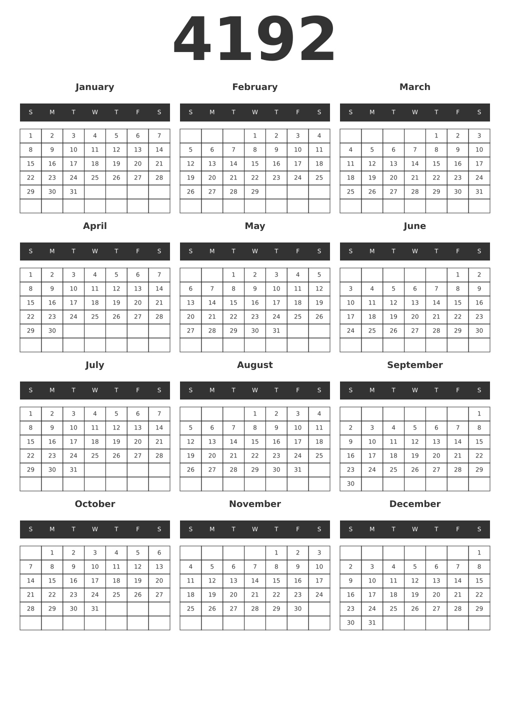 Printable 4192 Year Calendars dark