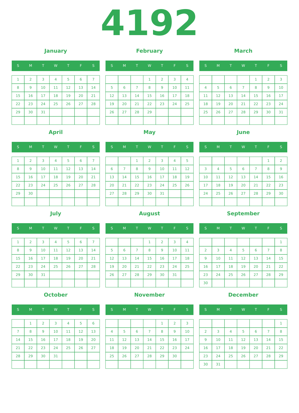 Printable 4192 Year Calendars green
