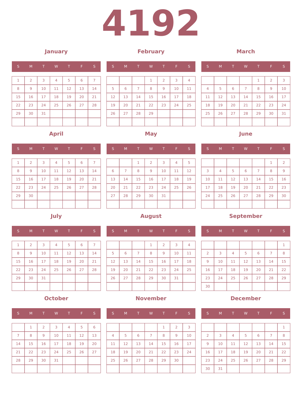 Printable 4192 Year Calendars puce