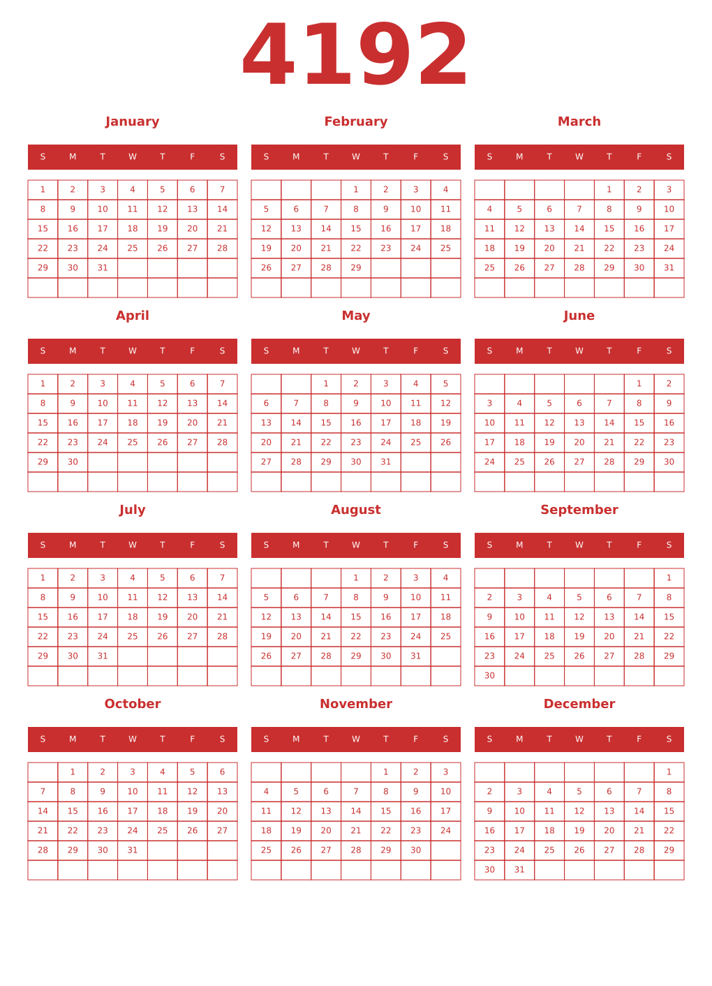 Printable 4192 Year Calendars red