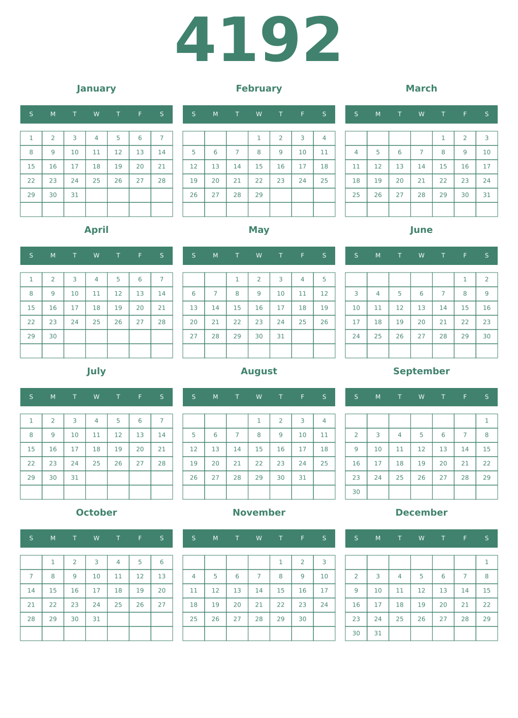 Printable 4192 Year Calendars viridian