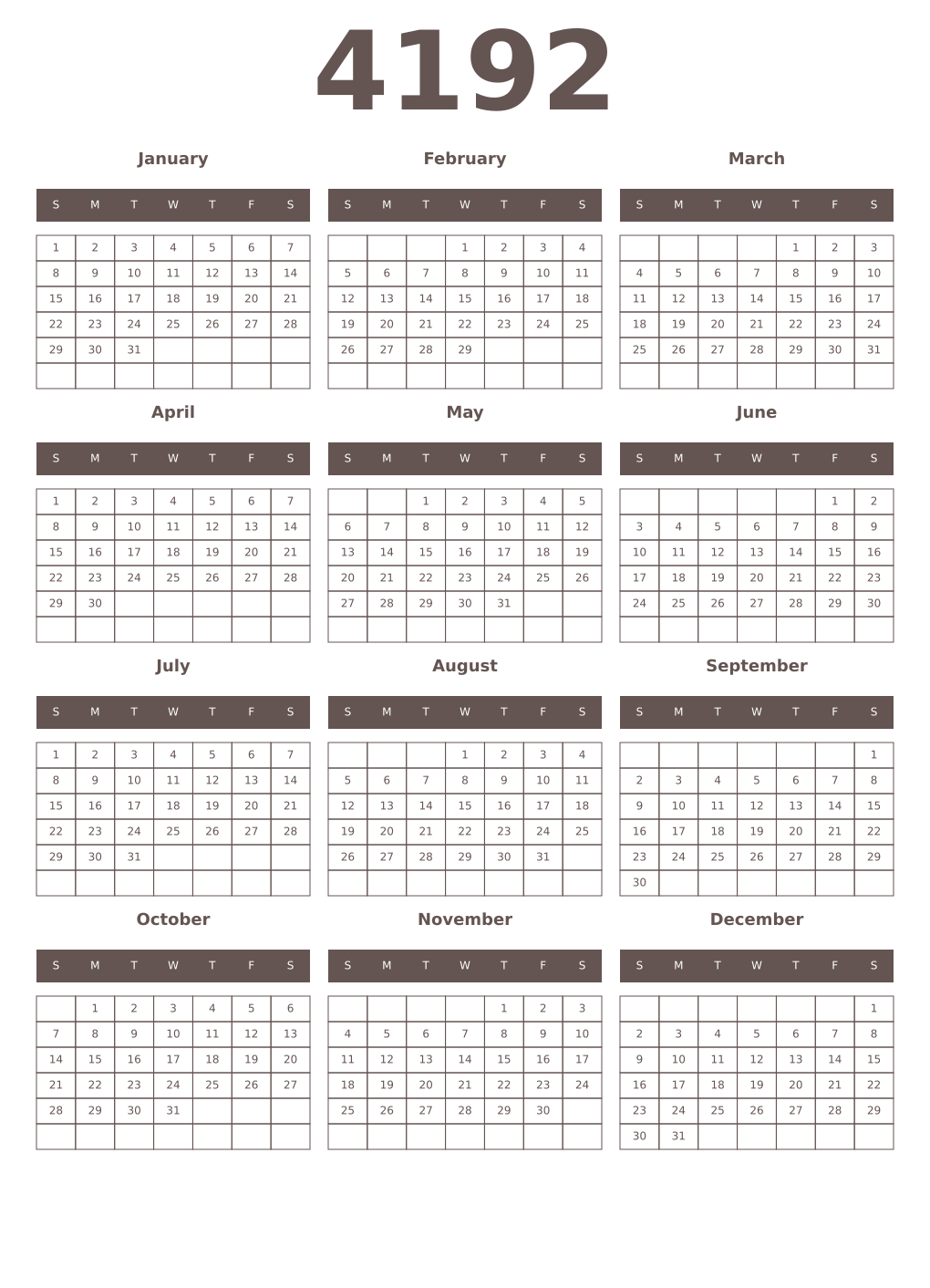 Printable 4192 Year Calendars wenge