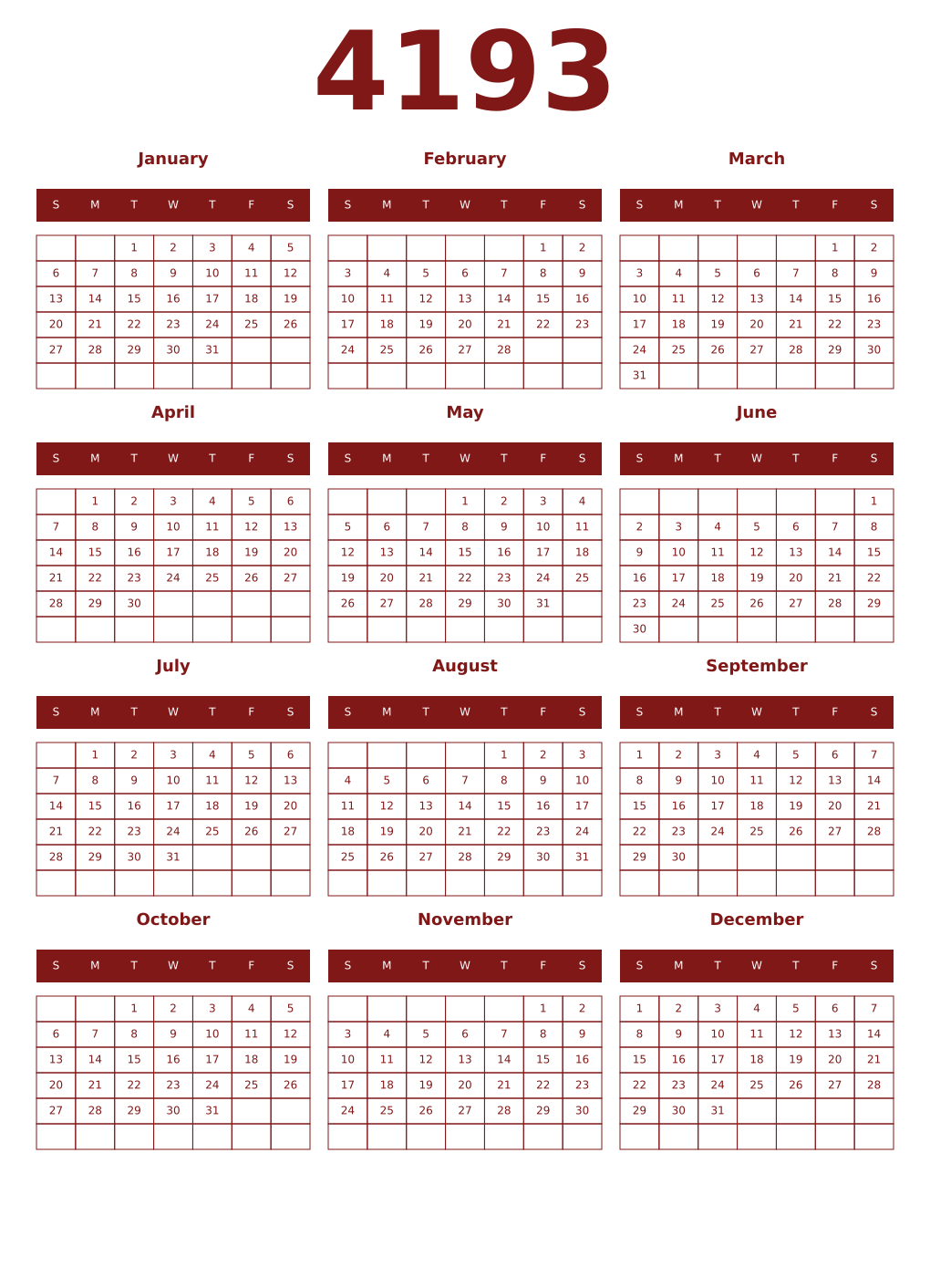 Printable 4193 Year Calendars falu