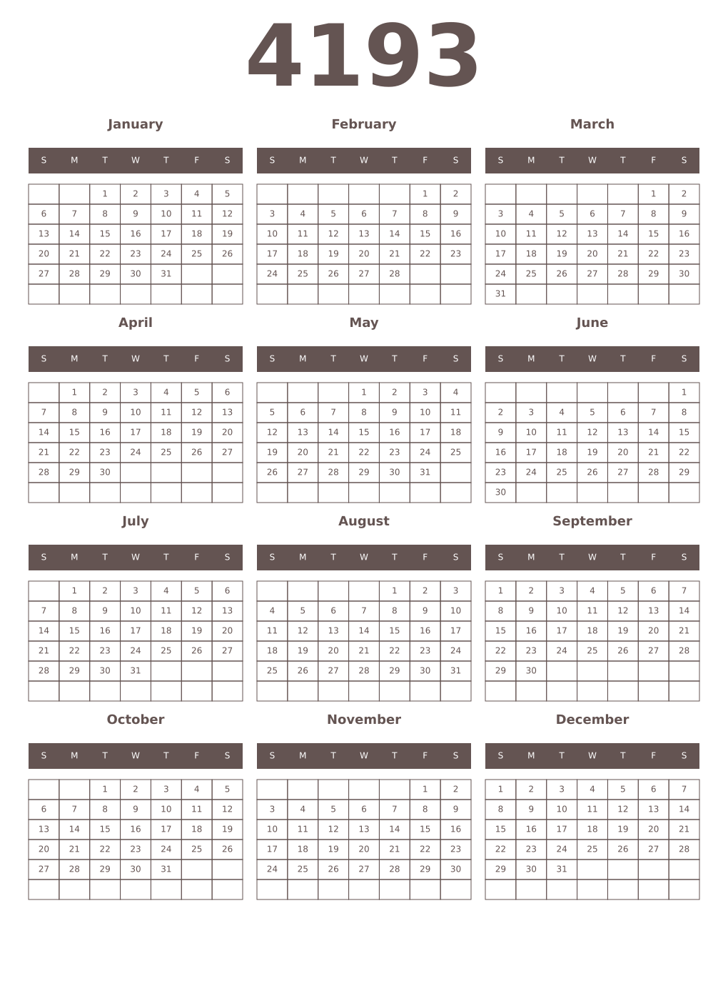 Printable 4193 Year Calendars wenge