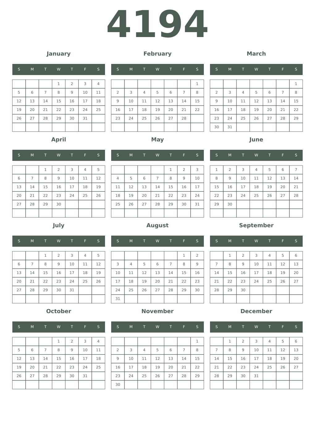 Printable 4194 Year Calendars feldgrau