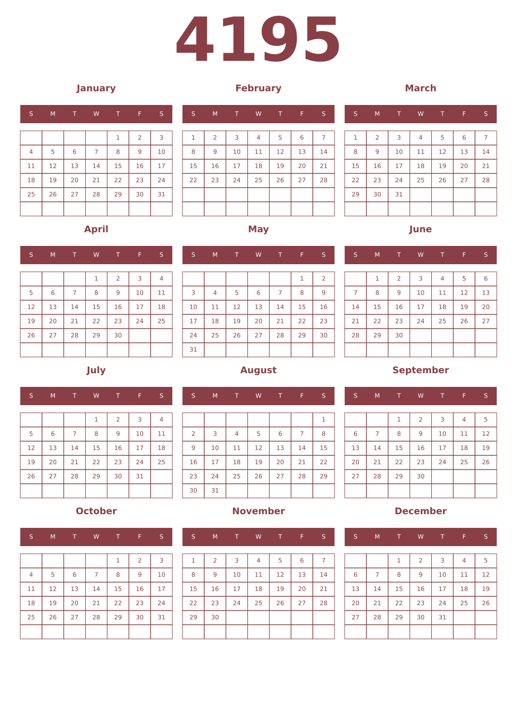 Printable 4195 Year Calendars cordovan
