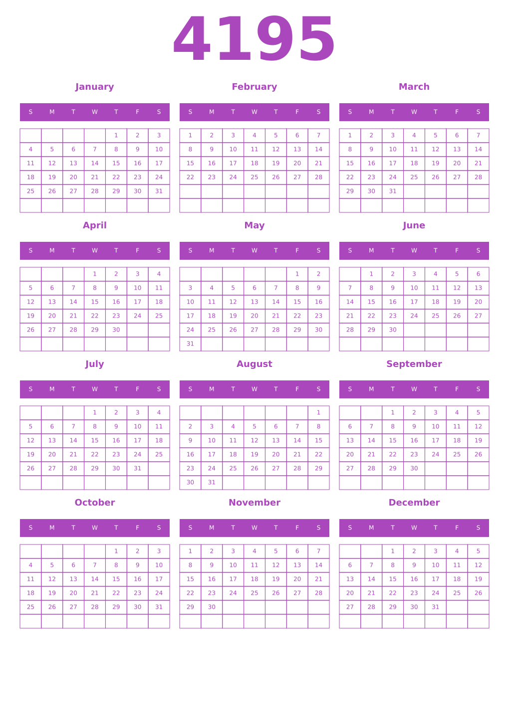 Printable 4195 Year Calendars purple