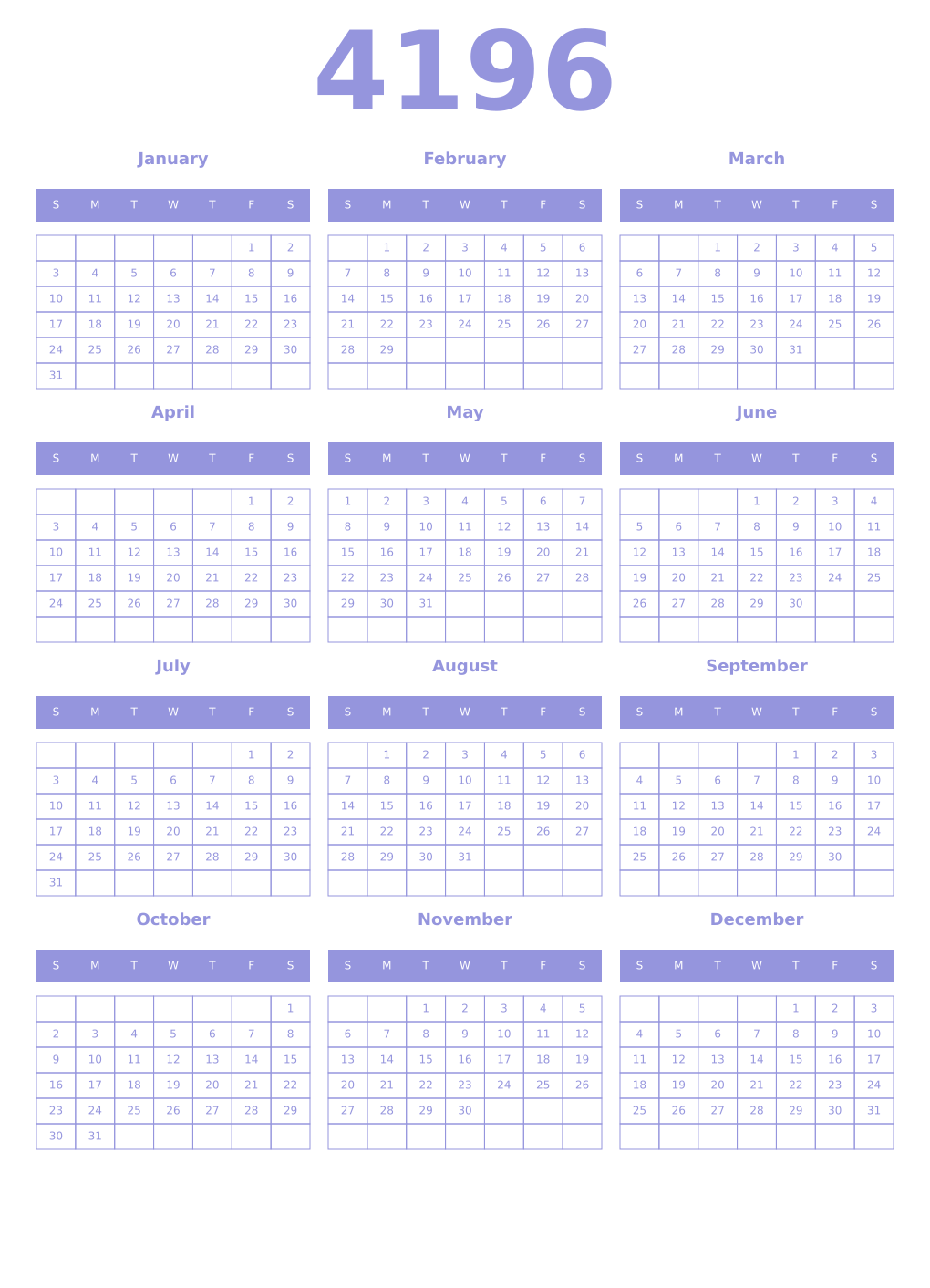 Printable 4196 Year Calendars periwinkle