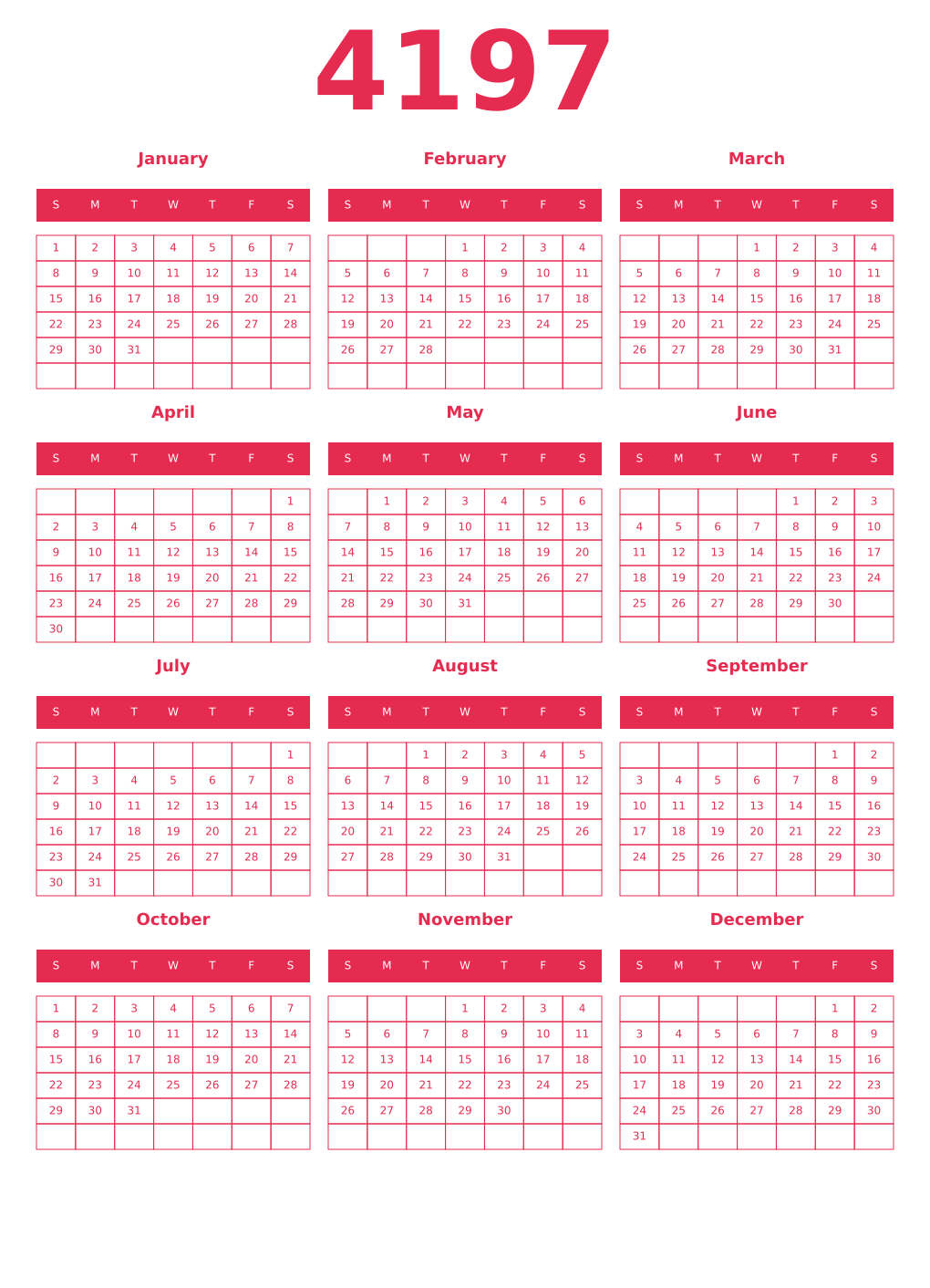 Printable 4197 Year Calendars amaranth
