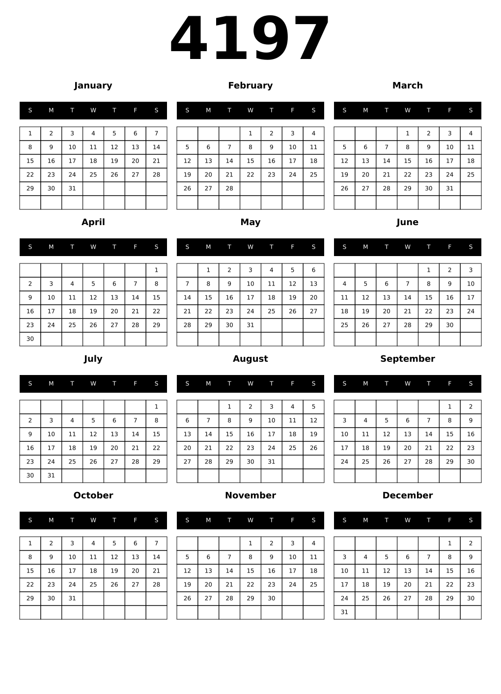 Printable 4197 Year Calendars black