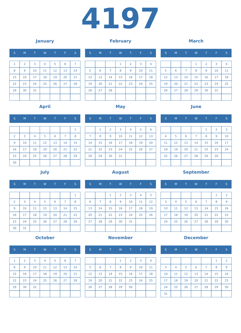 Printable 4197 Year Calendars blue