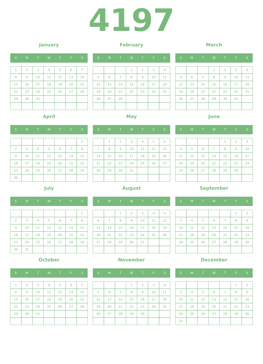 Printable 4197 Year Calendars celadon