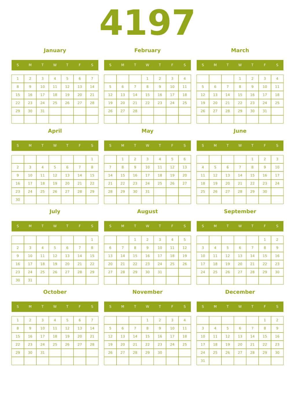 Printable 4197 Year Calendars chartreuse