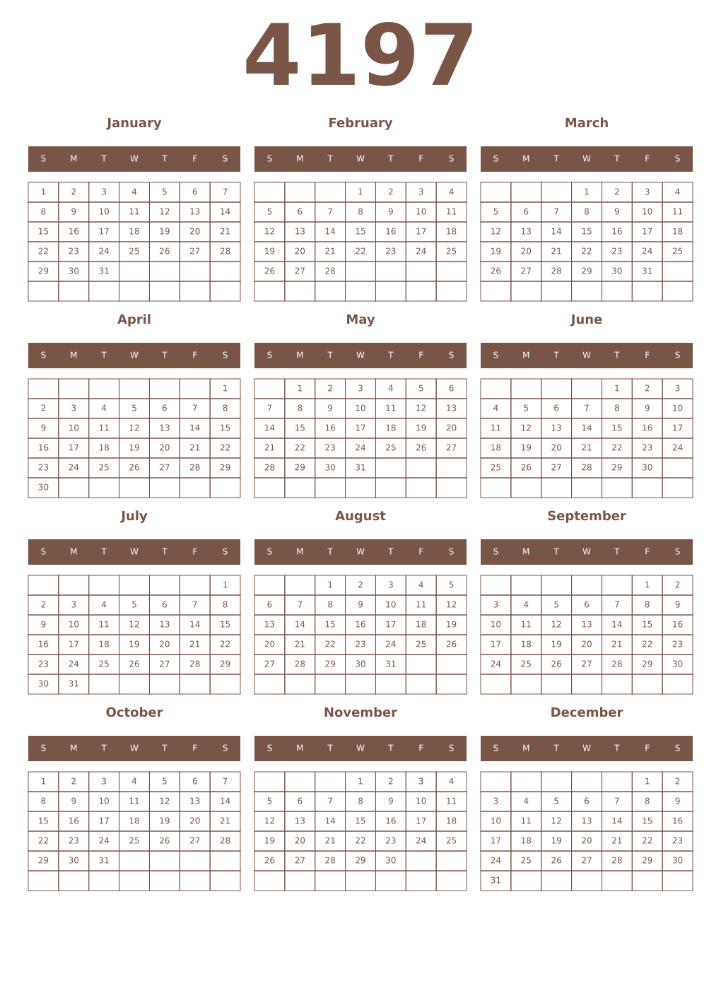 Printable 4197 Year Calendars coffe