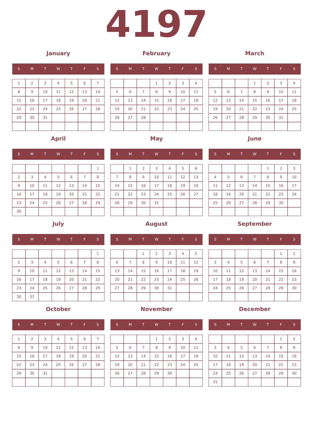 Printable 4197 Year Calendars cordovan