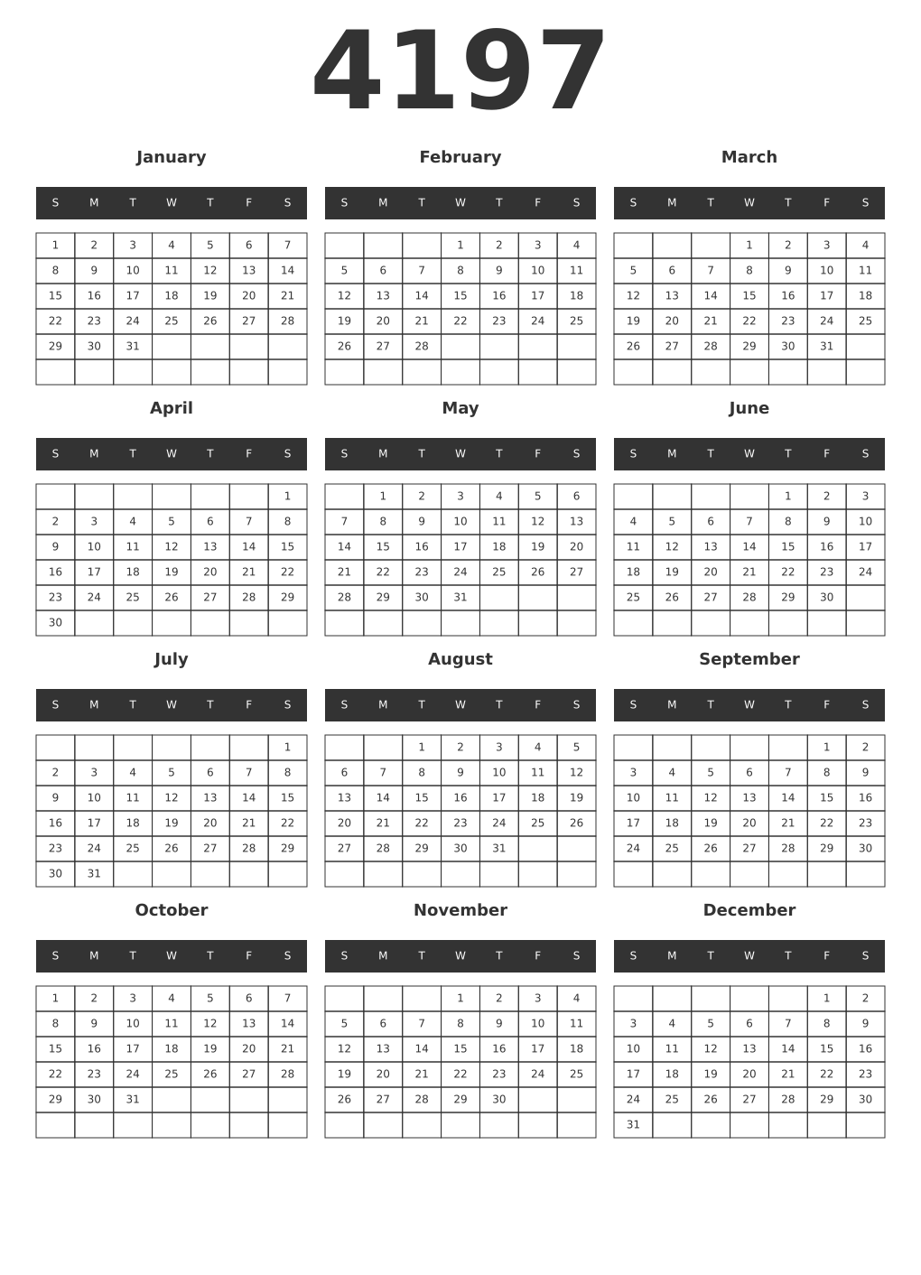 Printable 4197 Year Calendars dark
