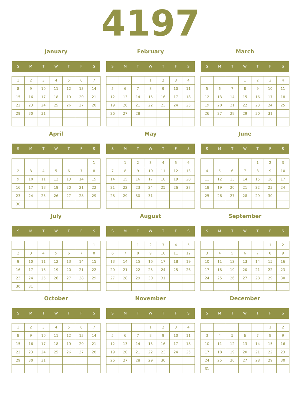 Printable 4197 Year Calendars eburnean