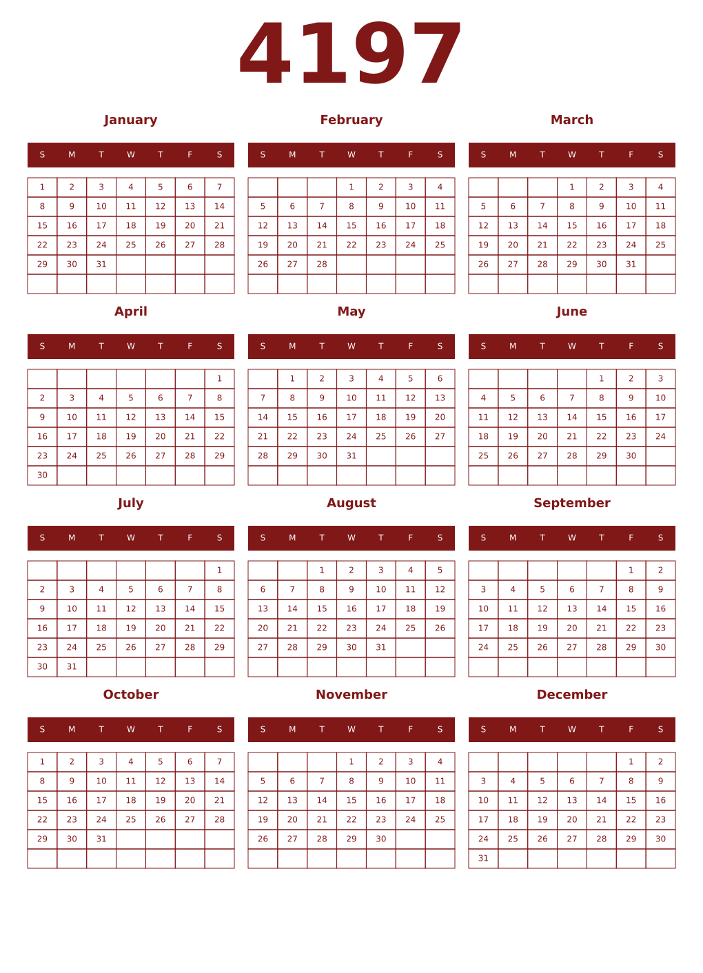 Printable 4197 Year Calendars falu