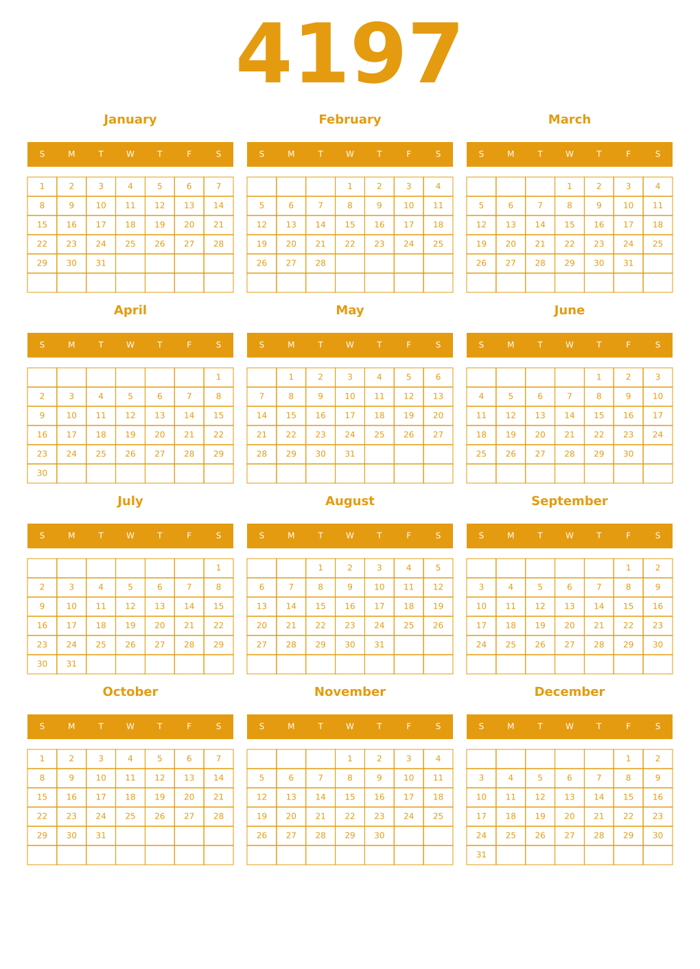 Printable 4197 Year Calendars gamboge