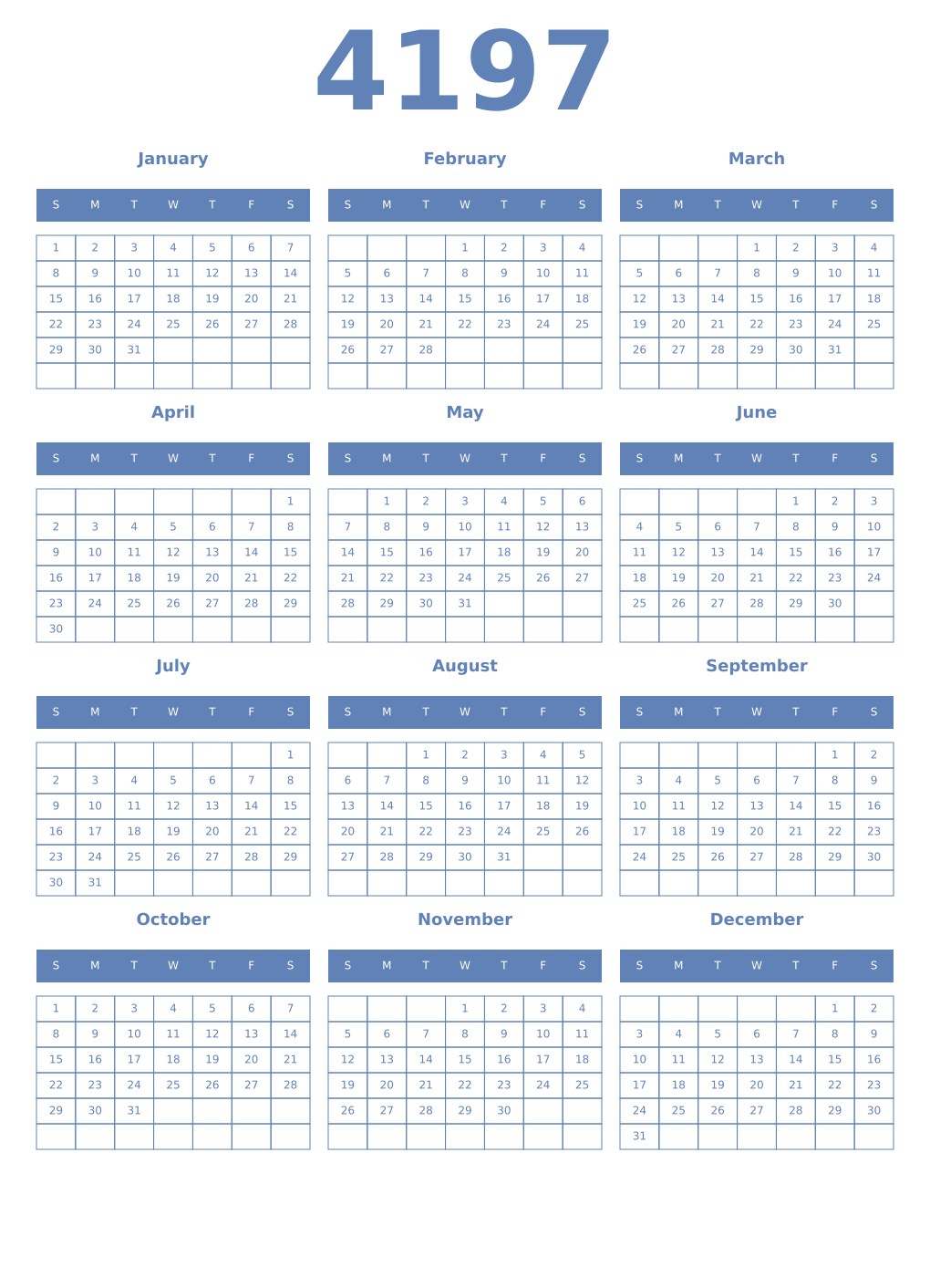 Printable 4197 Year Calendars glaucous