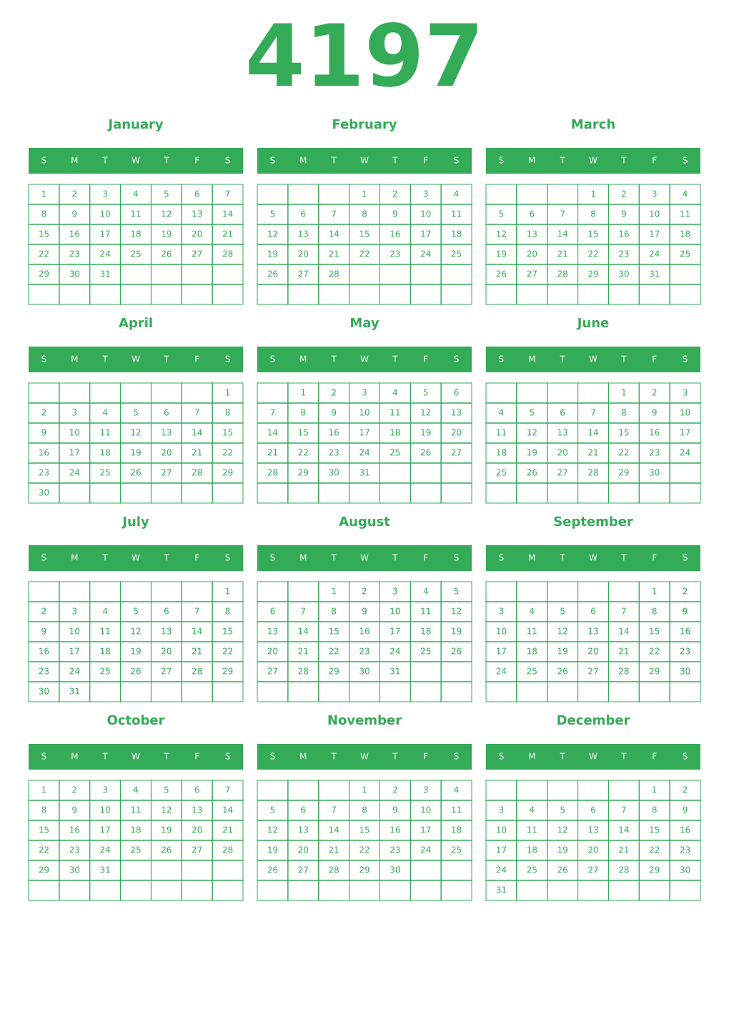Printable 4197 Year Calendars green