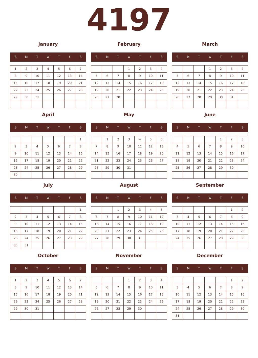 Printable 4197 Year Calendars mortuum