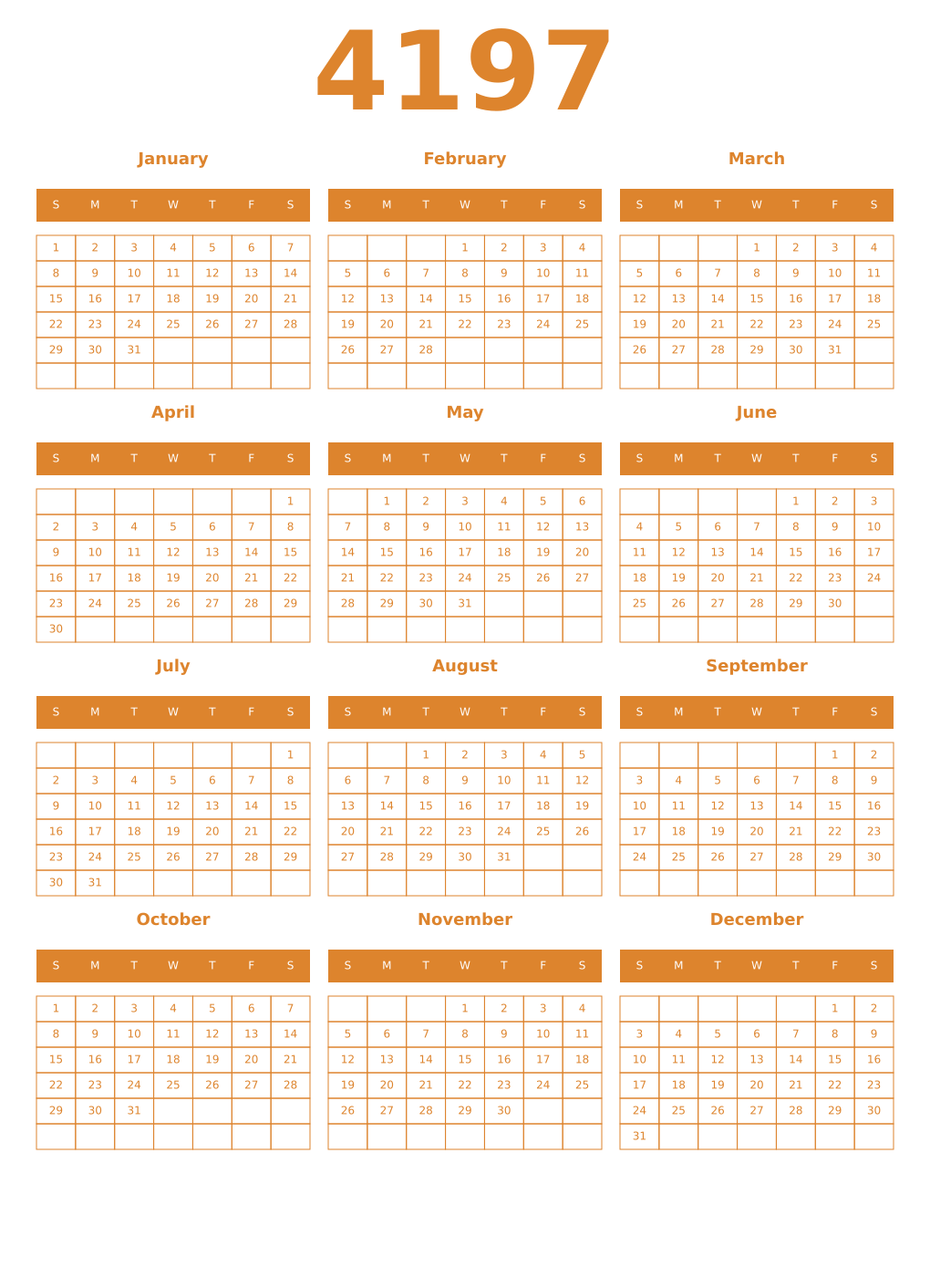 Printable 4197 Year Calendars orange