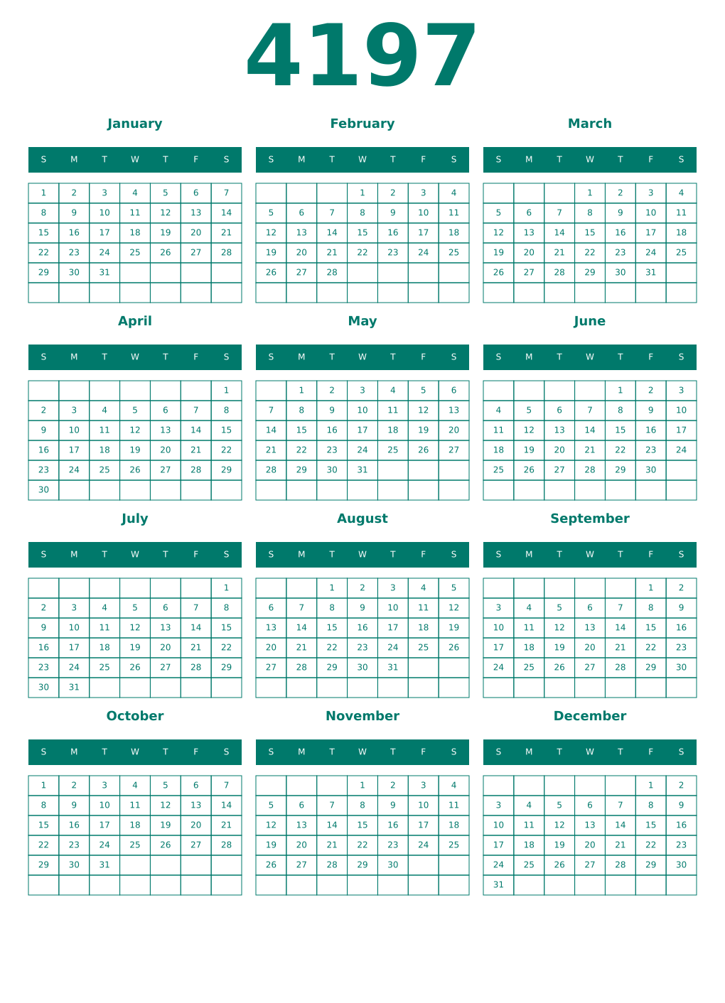 Printable 4197 Year Calendars pastel