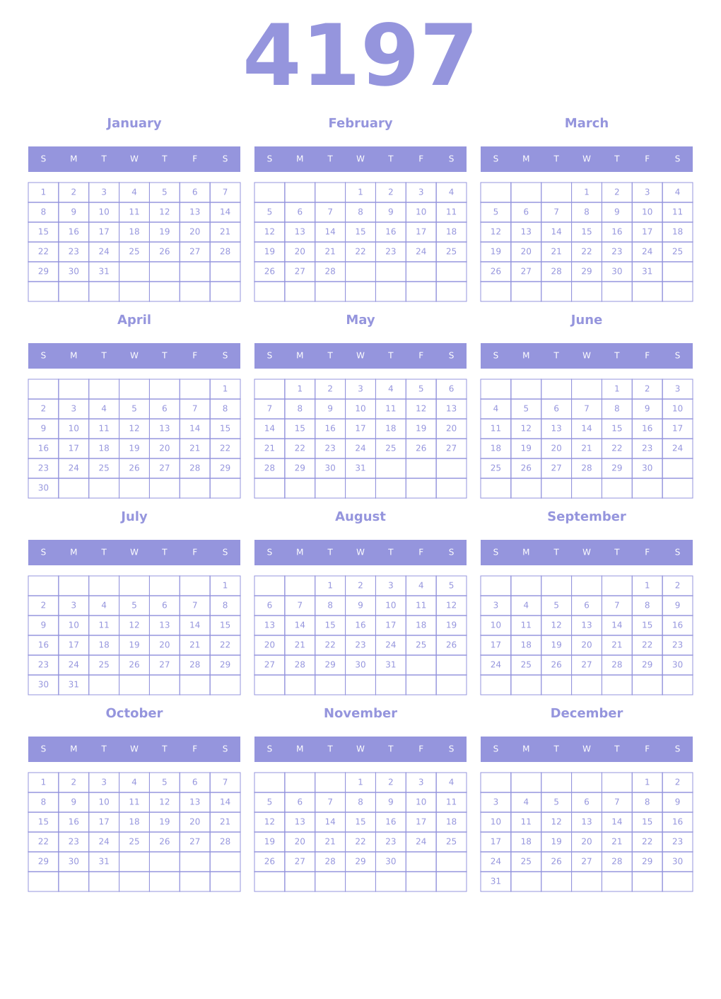 Printable 4197 Year Calendars periwinkle