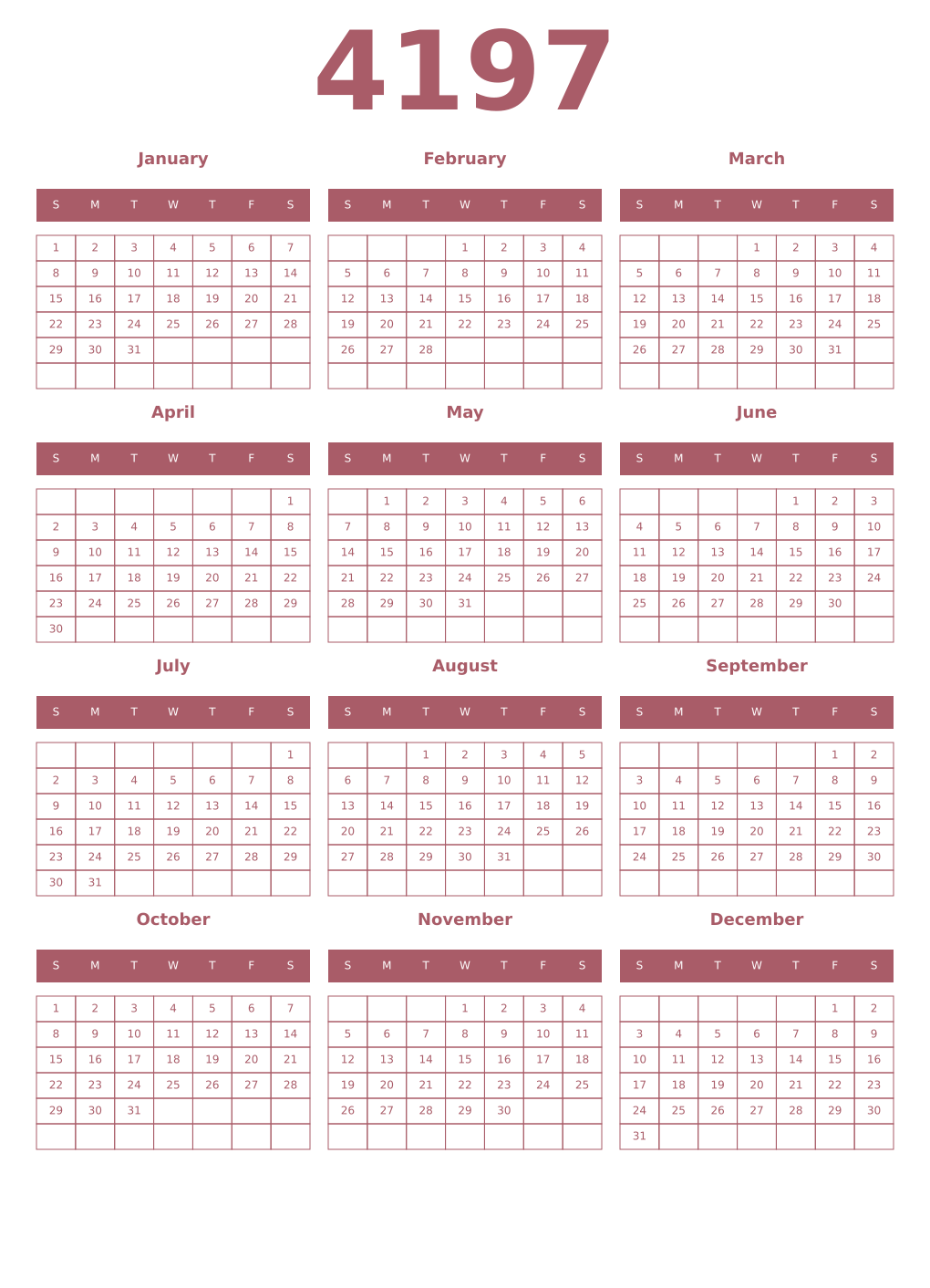 Printable 4197 Year Calendars puce