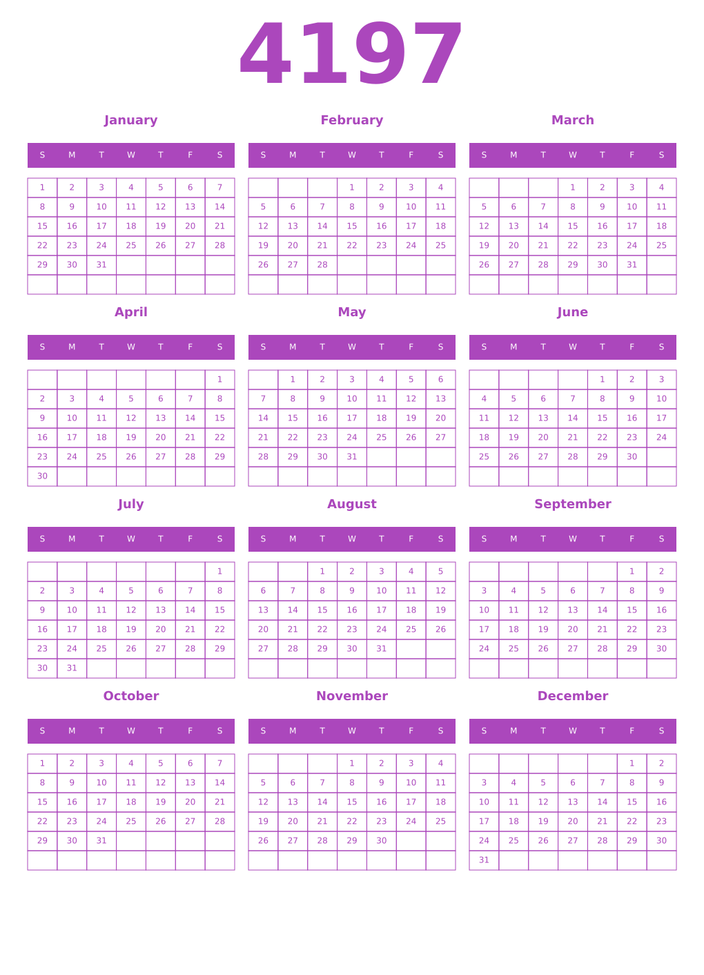 Printable 4197 Year Calendars purple
