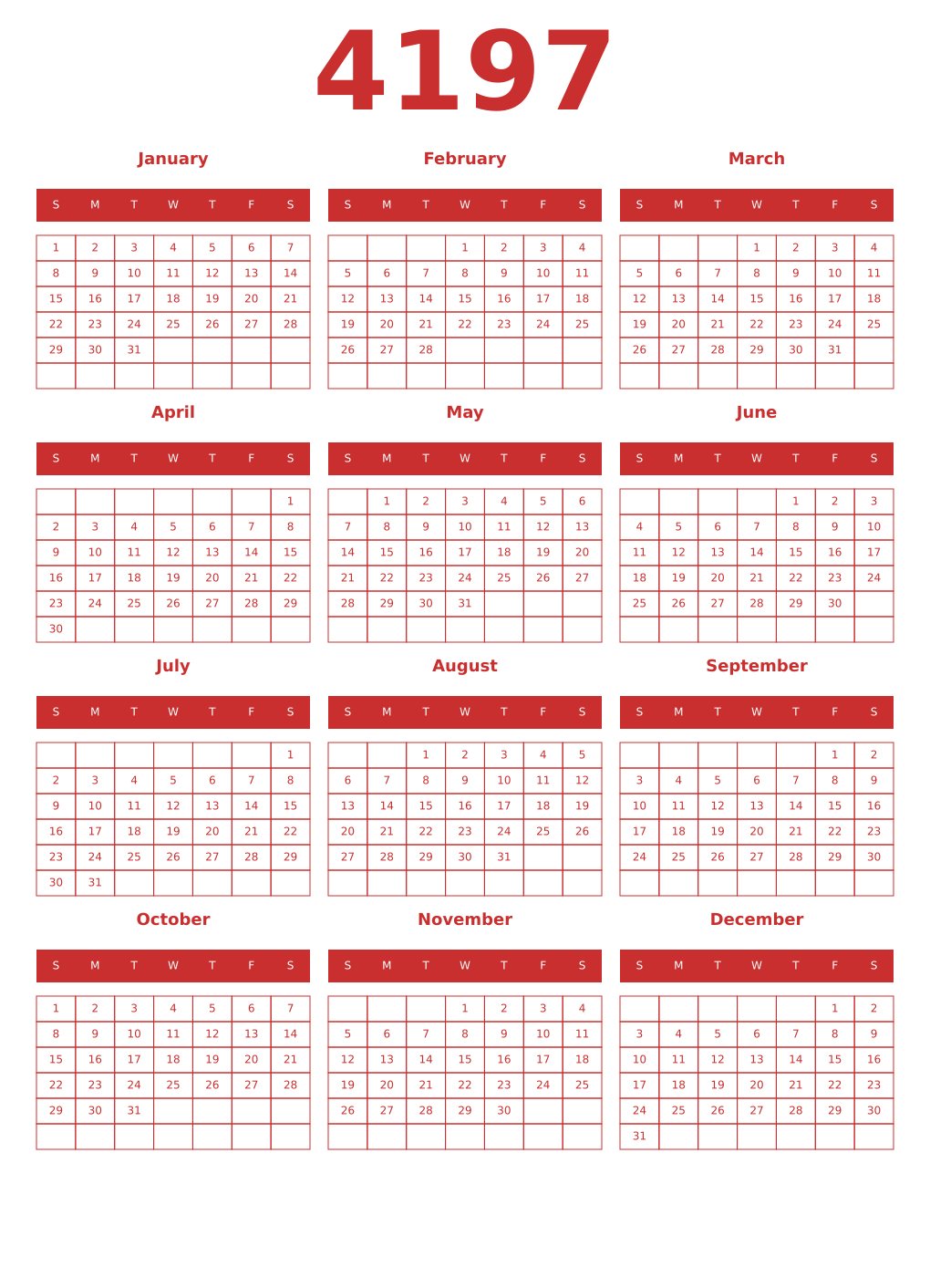 Printable 4197 Year Calendars red