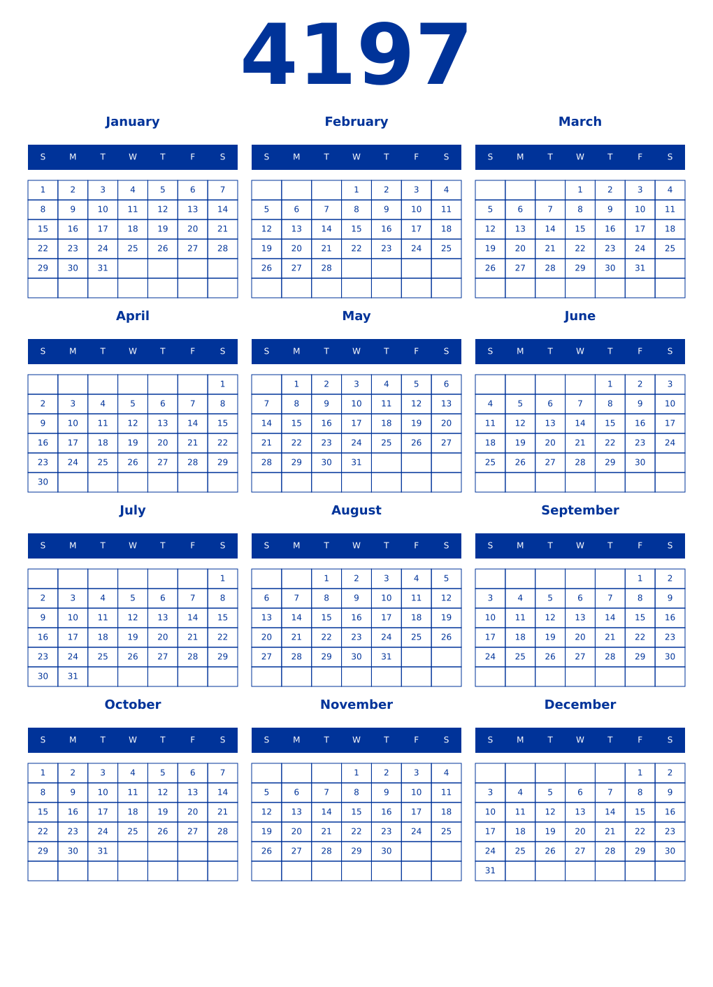 Printable 4197 Year Calendars smalt