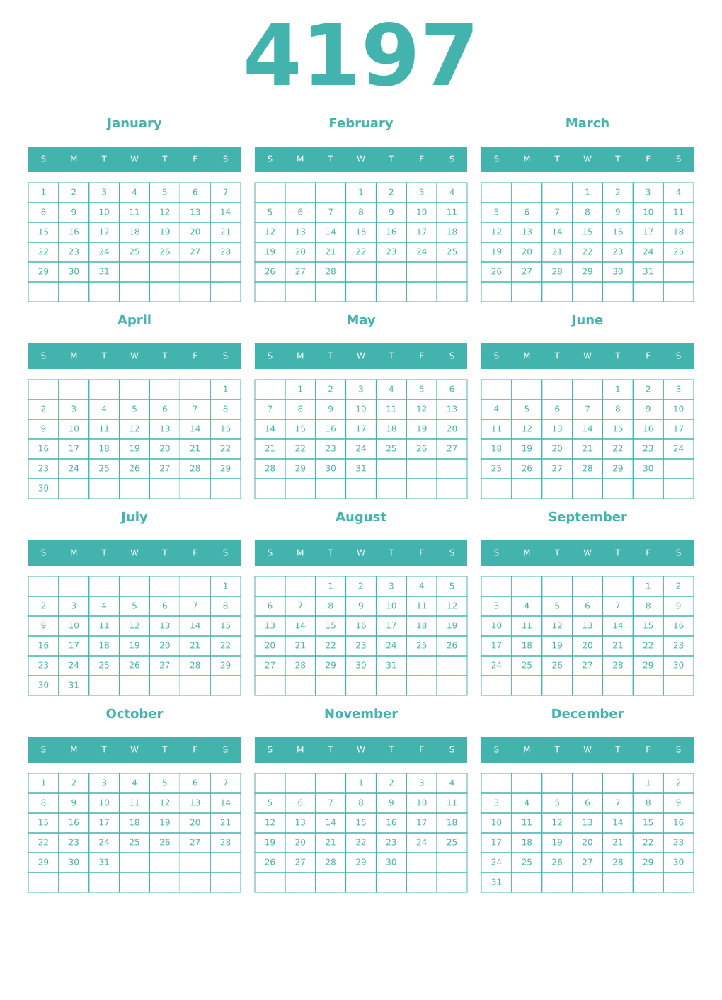 Printable 4197 Year Calendars verdigris