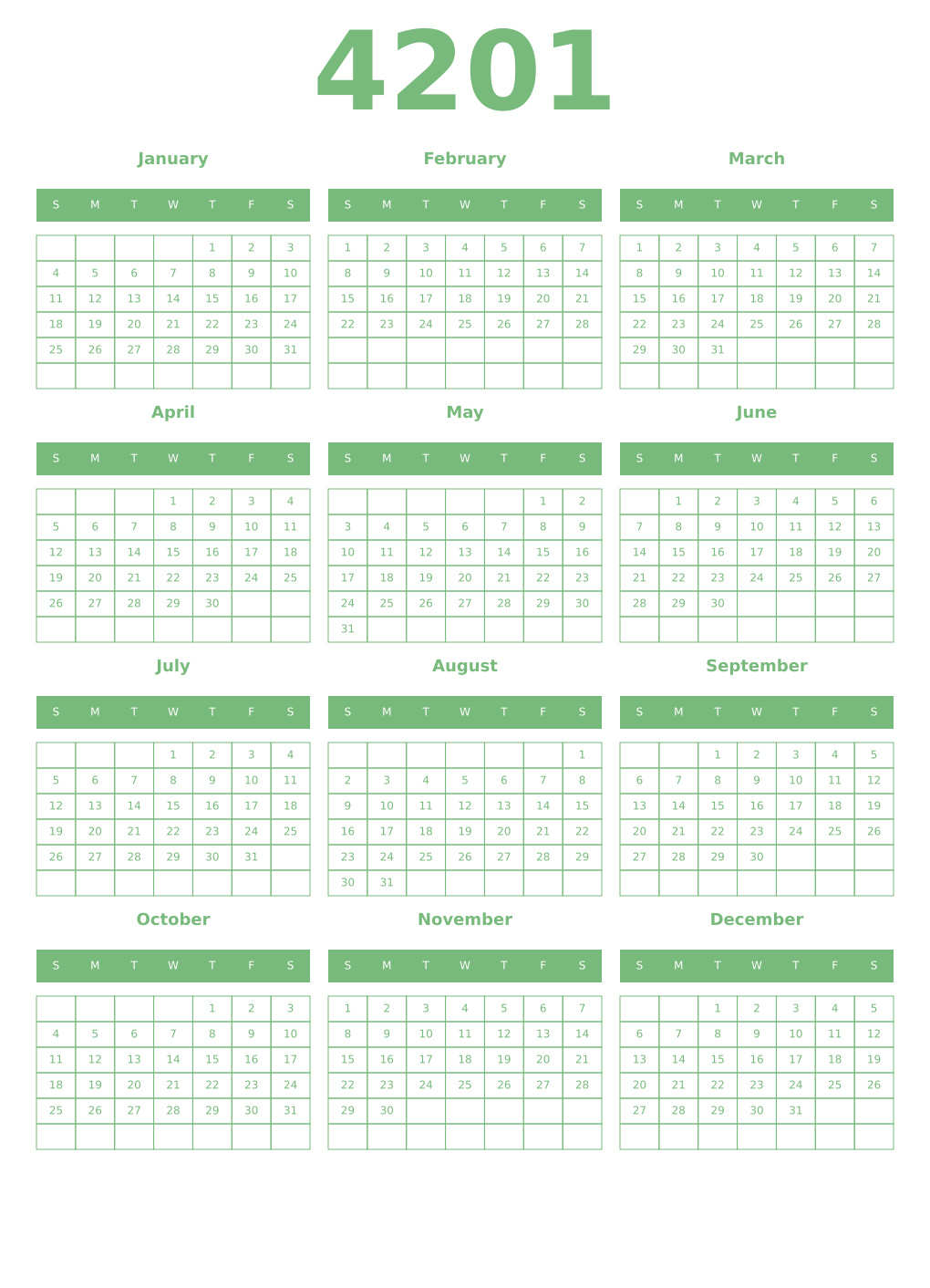 Printable 4201 Year Calendars celadon
