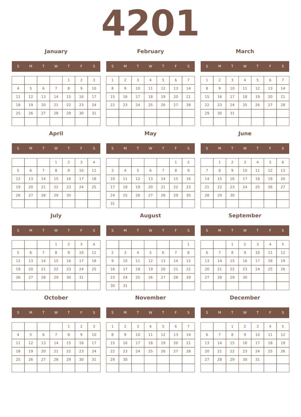 Printable 4201 Year Calendars coffe