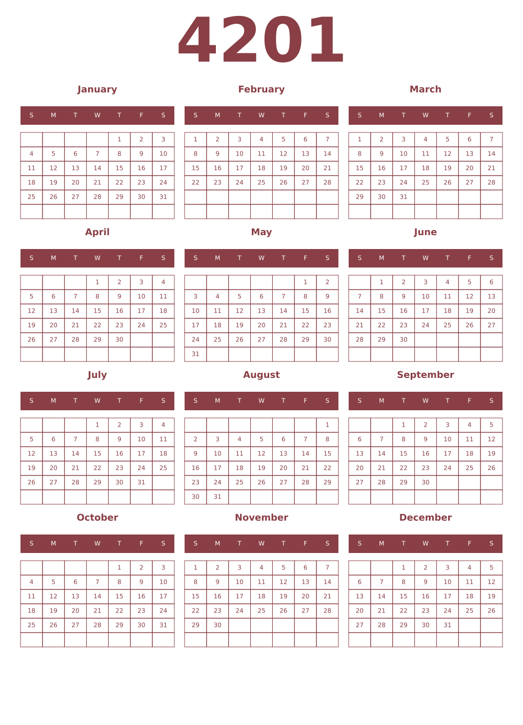 Printable 4201 Year Calendars cordovan