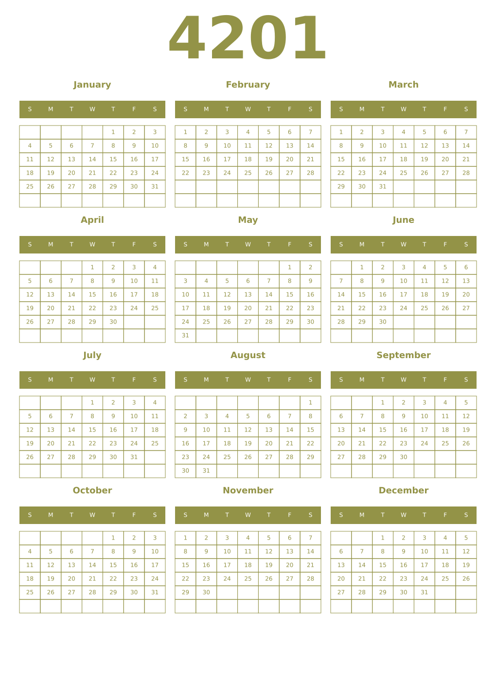 Printable 4201 Year Calendars eburnean