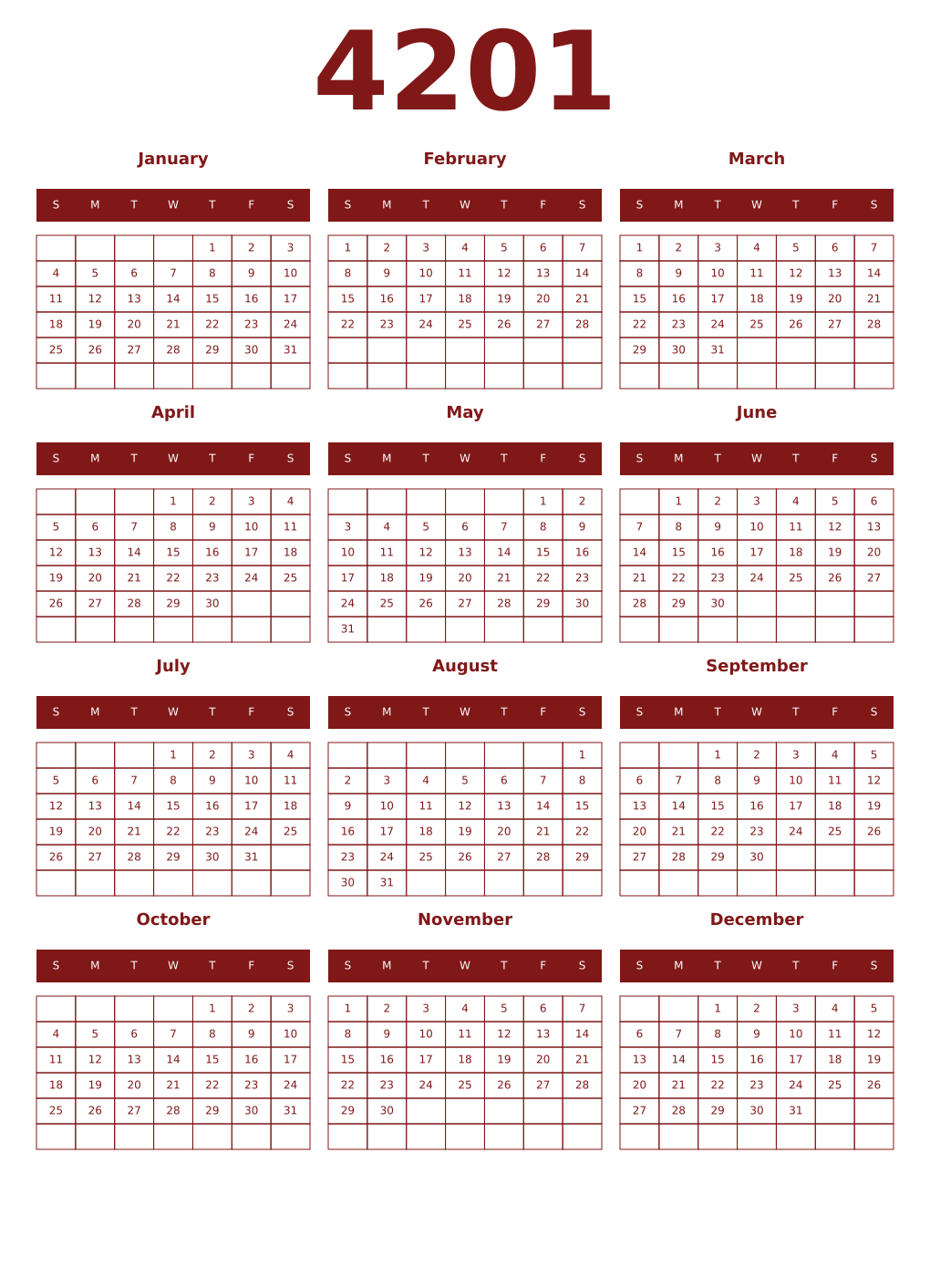 Printable 4201 Year Calendars falu