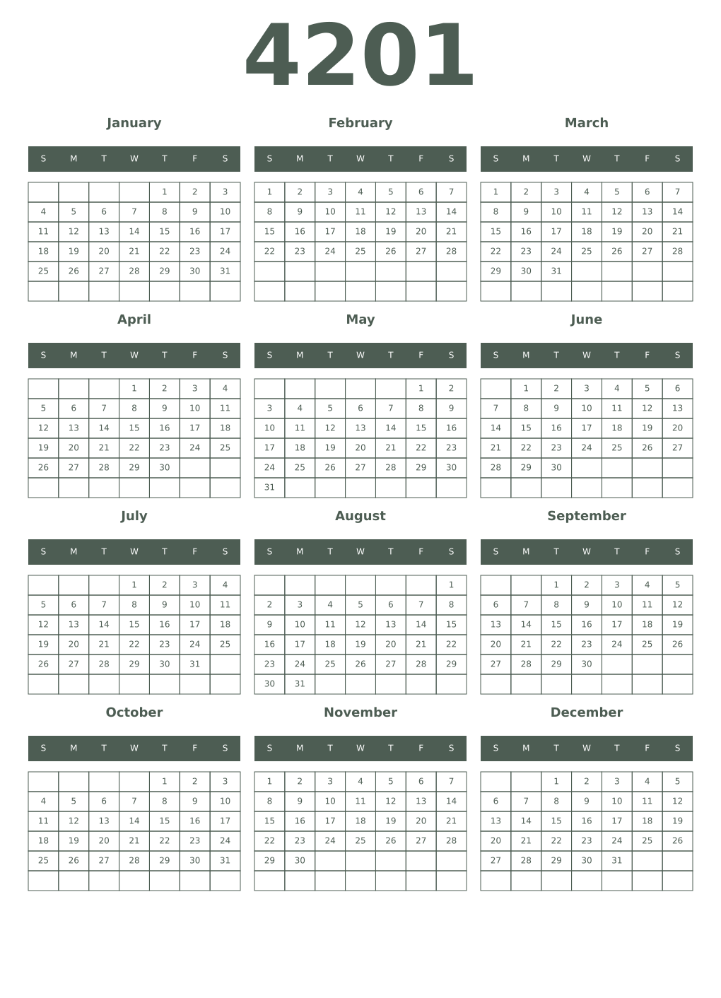 Printable 4201 Year Calendars feldgrau