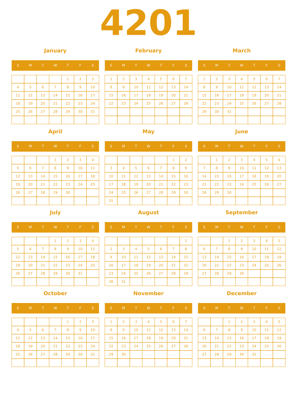 Printable 4201 Year Calendars gamboge