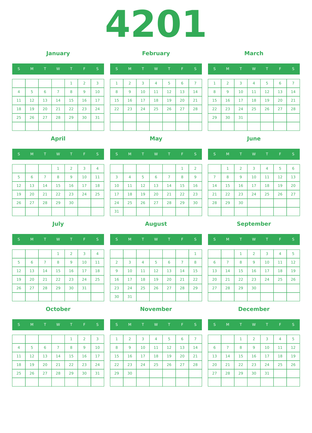 Printable 4201 Year Calendars green