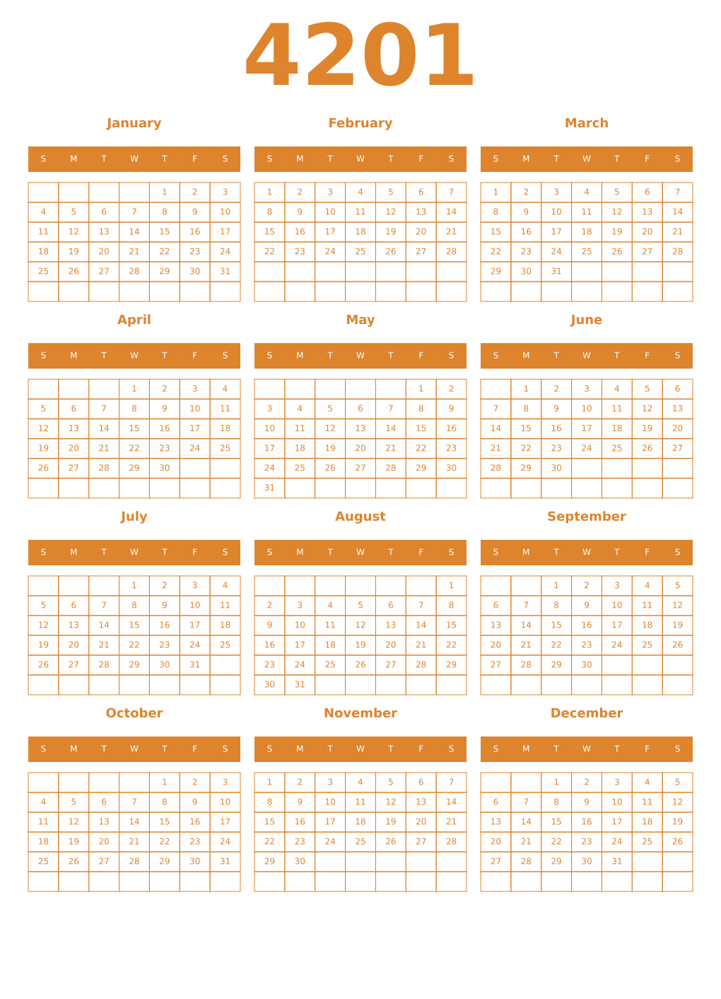 Printable 4201 Year Calendars orange