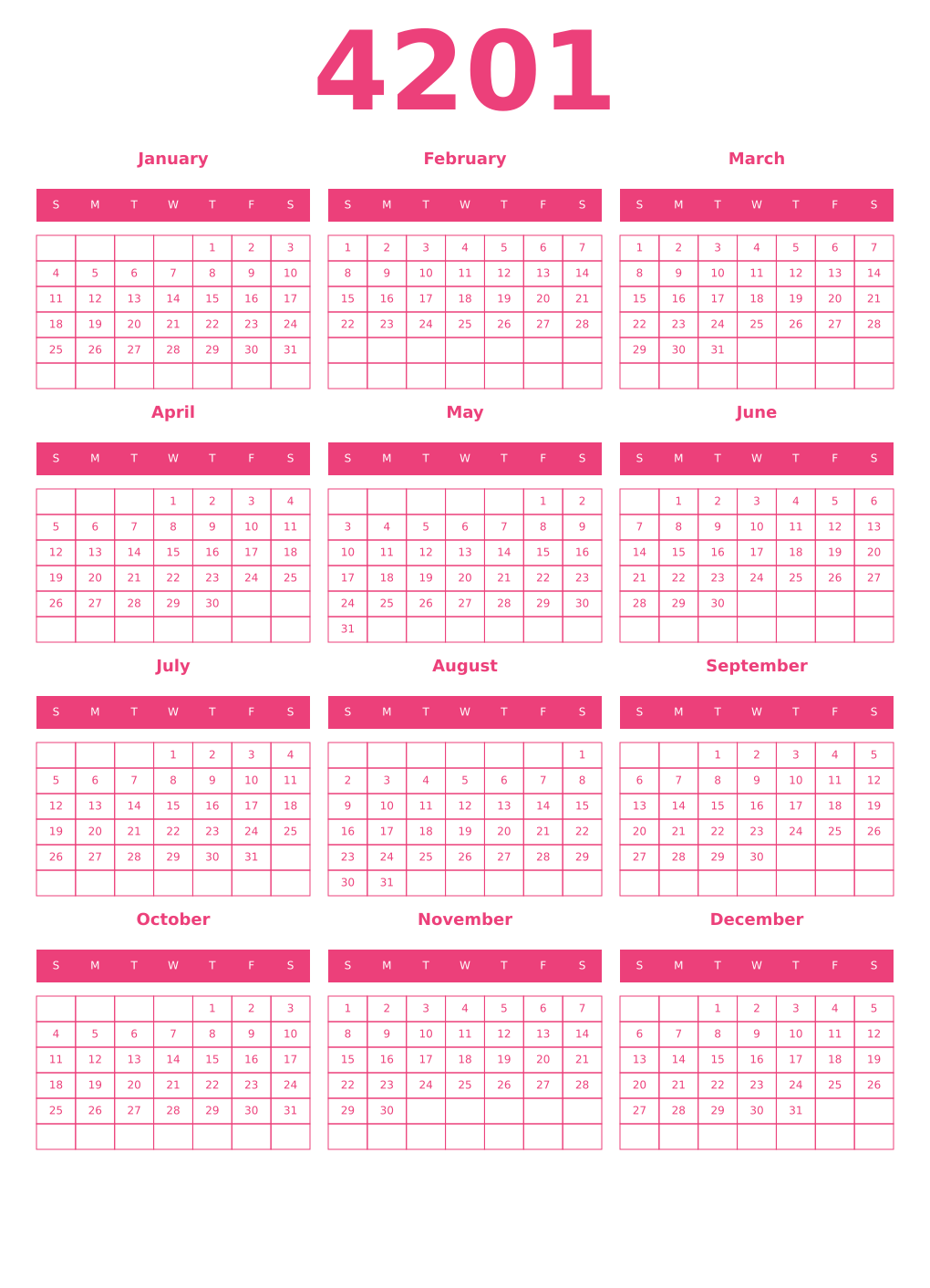 Printable 4201 Year Calendars pink
