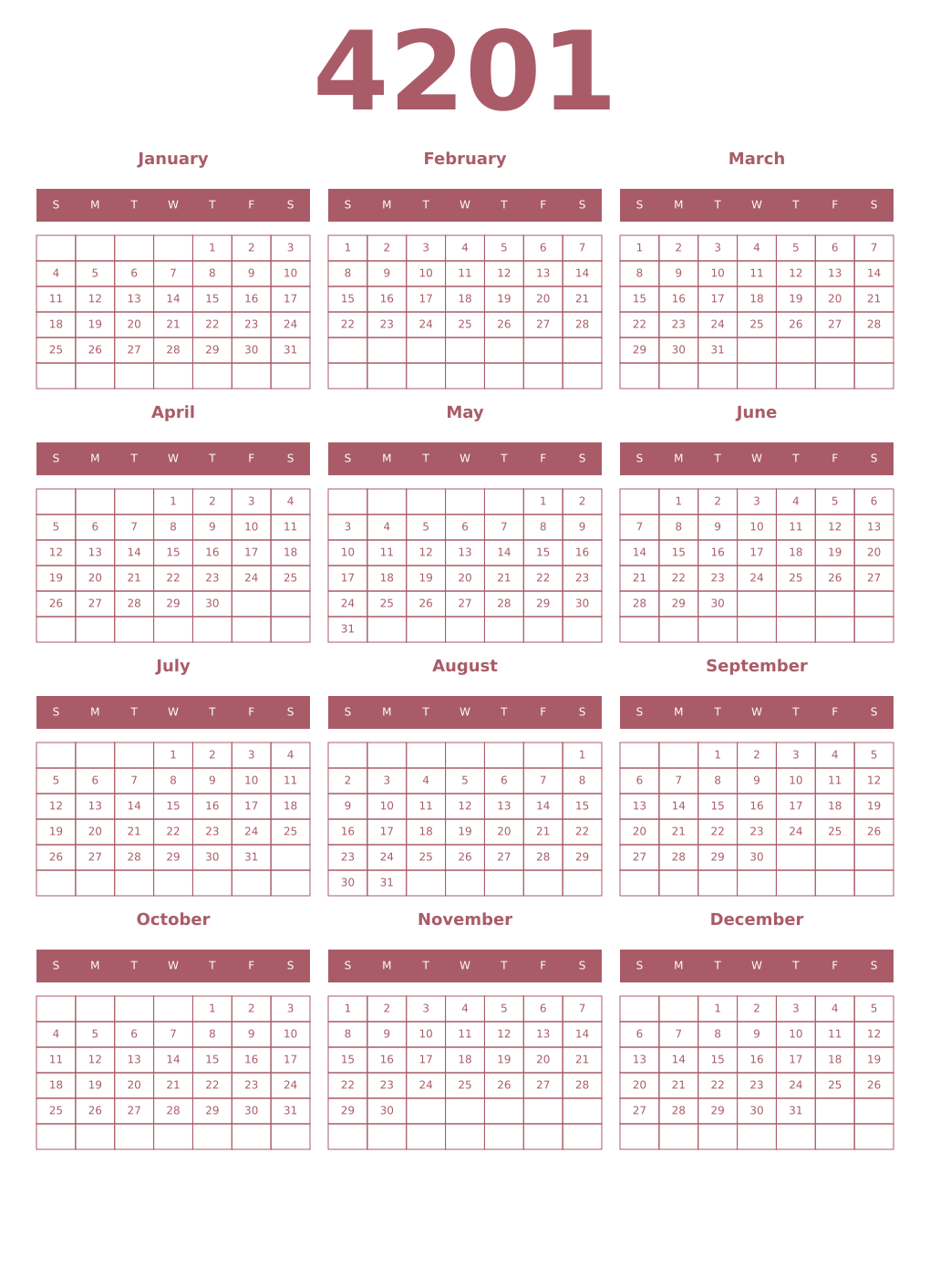 Printable 4201 Year Calendars puce