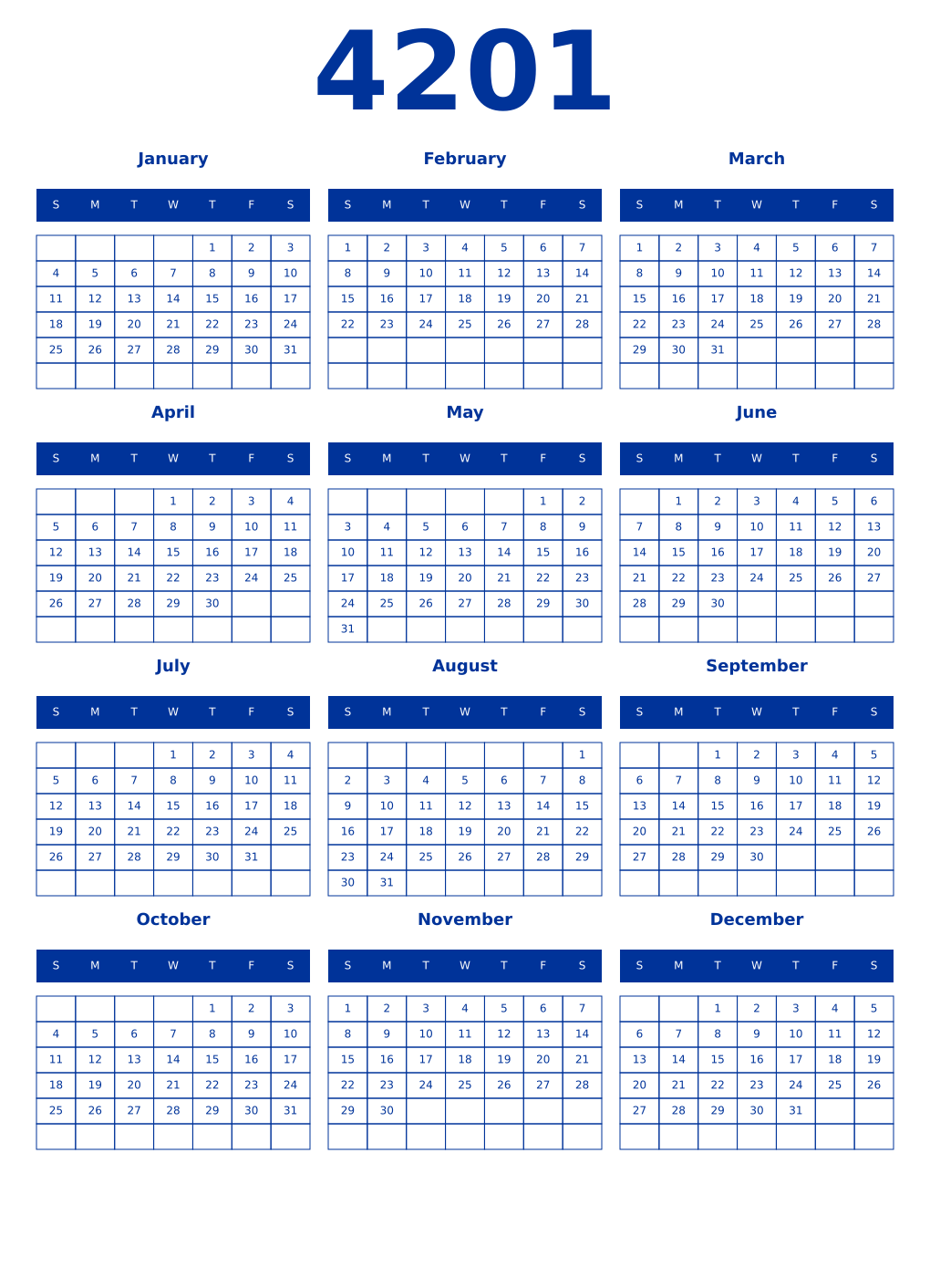 Printable 4201 Year Calendars smalt