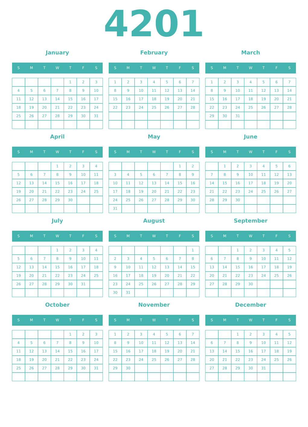 Printable 4201 Year Calendars verdigris