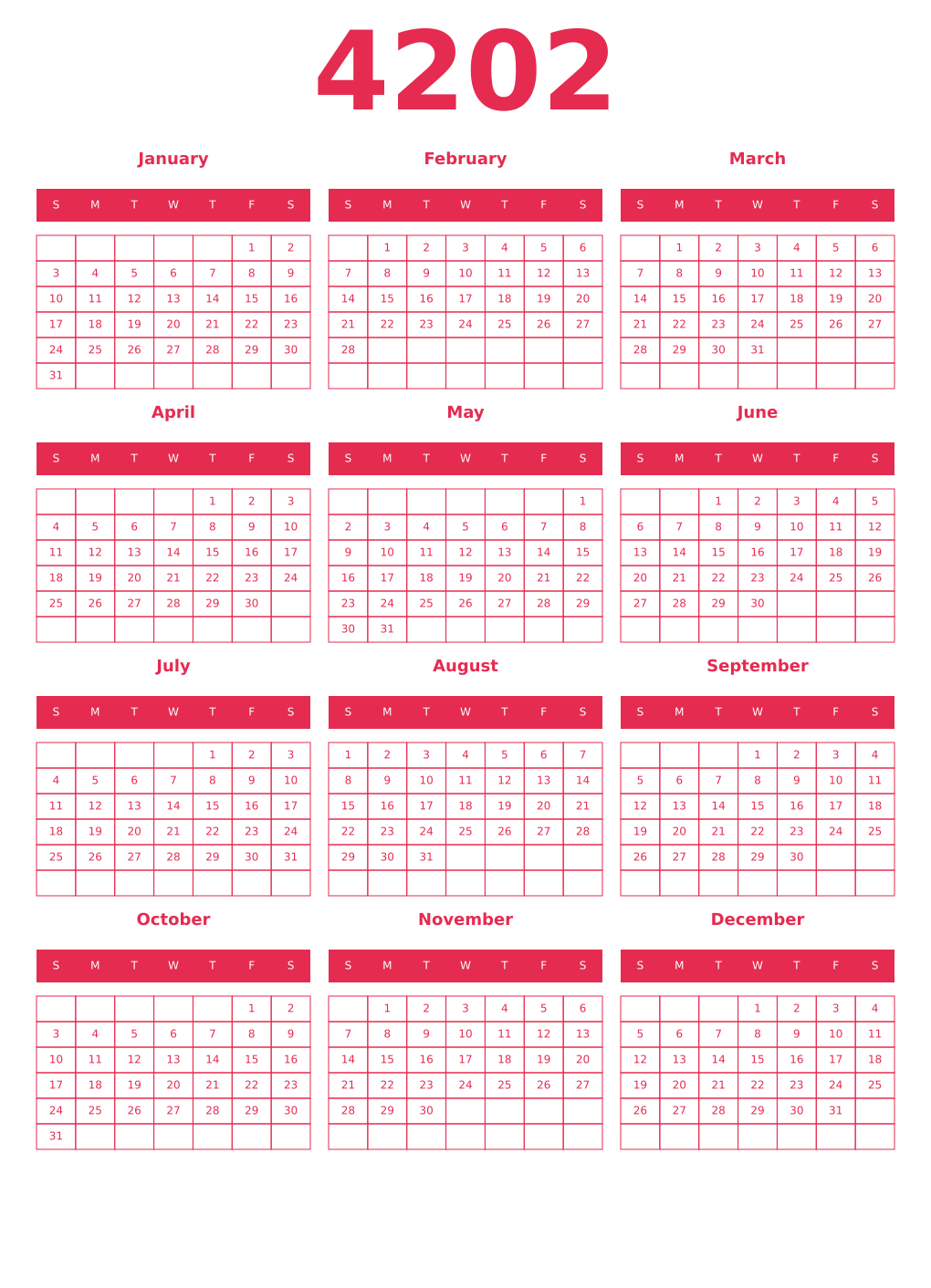 Printable 4202 Year Calendars amaranth