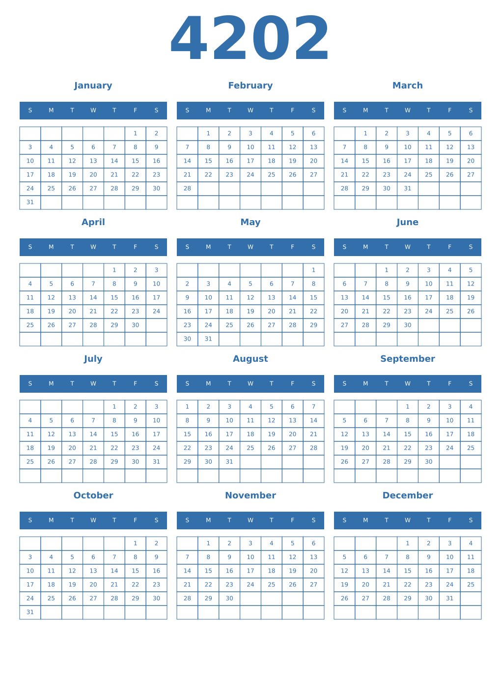 Printable 4202 Year Calendars blue